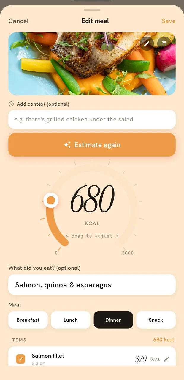 shotmeal AI estimate — a meal photo with the calorie dial